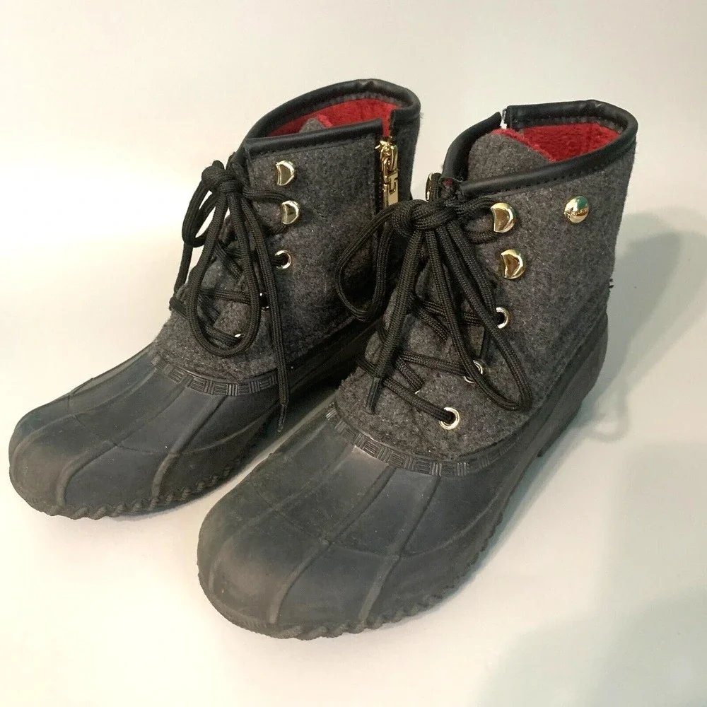 Tommy Hilfiger Womens Grey Wool Duck‎ Boots Gold Zip Ankle Rain Snow Boots